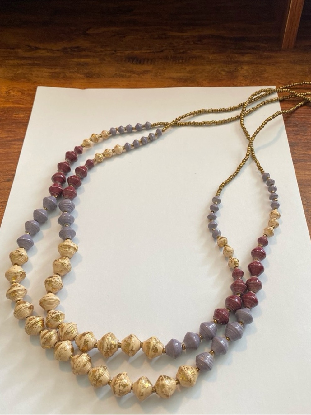 Authentic Teng Yue Multicolor Paper Bead Necklace - Cream, Lavender & Burgundy